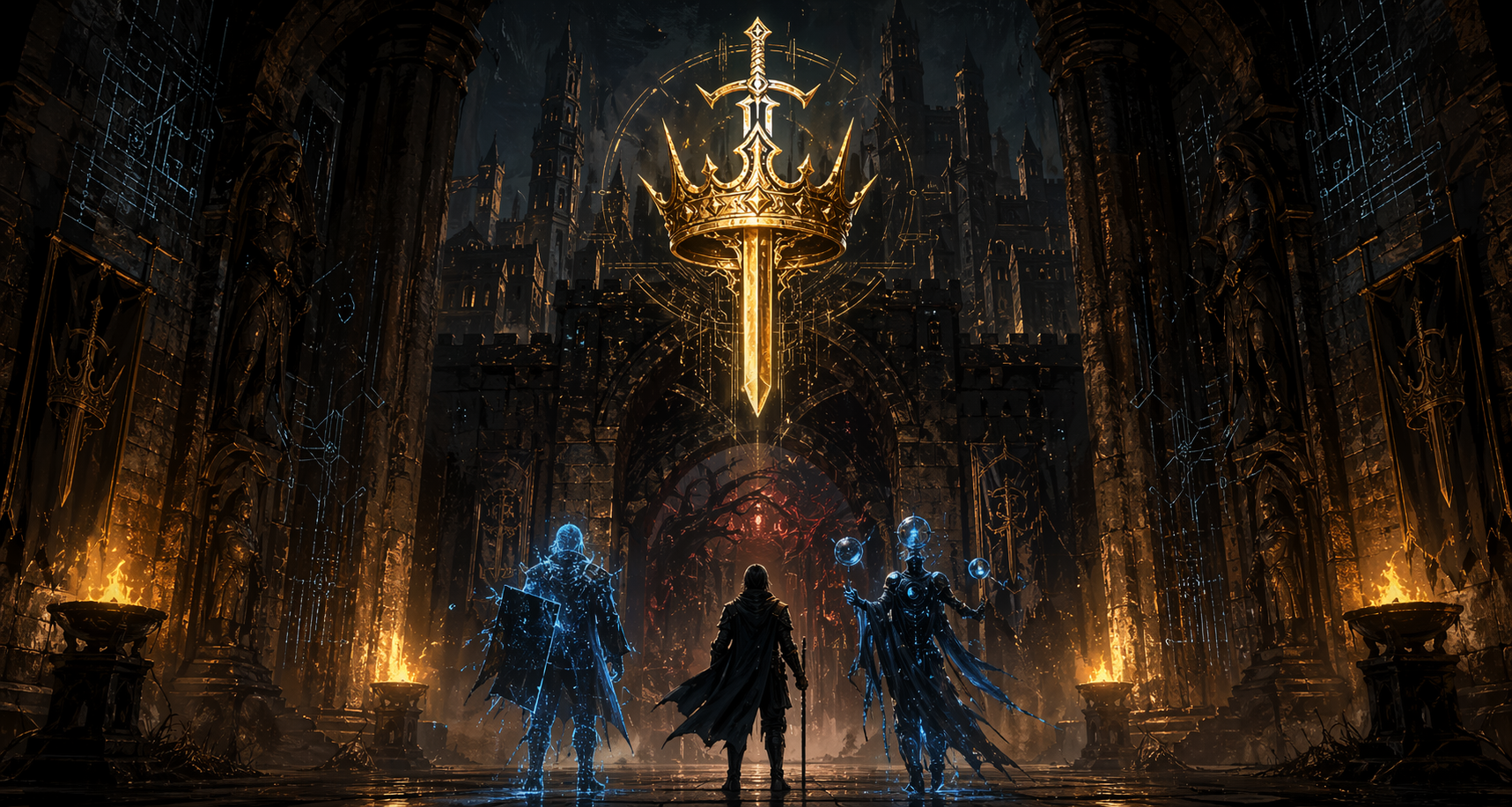 Crown and sword above a dungeon gate with human and AI adventurers